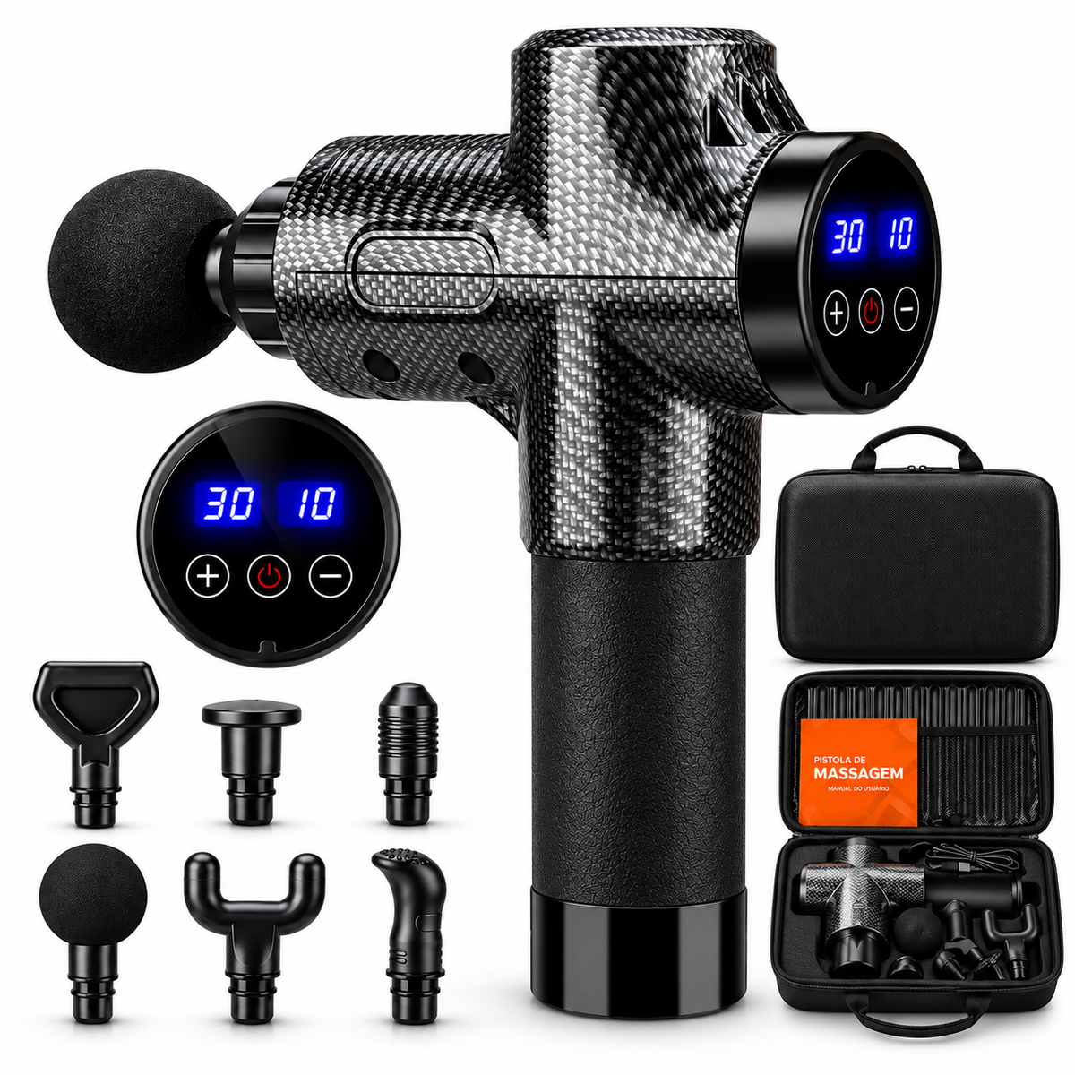 Pistola Massageadora 6 em 1 Portátil de Alta Performance com 30 Velocidades e 6 Ponteiras | PulseForcePro™